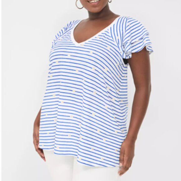 Lane Bryant Tops - LANE BRYANT UEC Womens Size 14/16 Blue White Striped Gold Star Flutter Tee